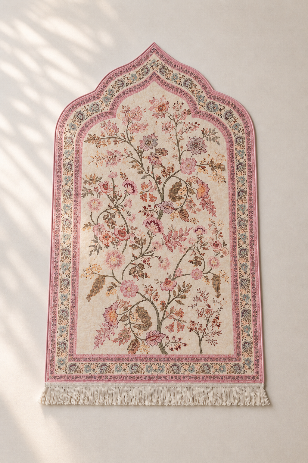 Blush Rose Mihrab Prayer Mat - Turkish Floral Design with Tassels | Soft Velvet Touch