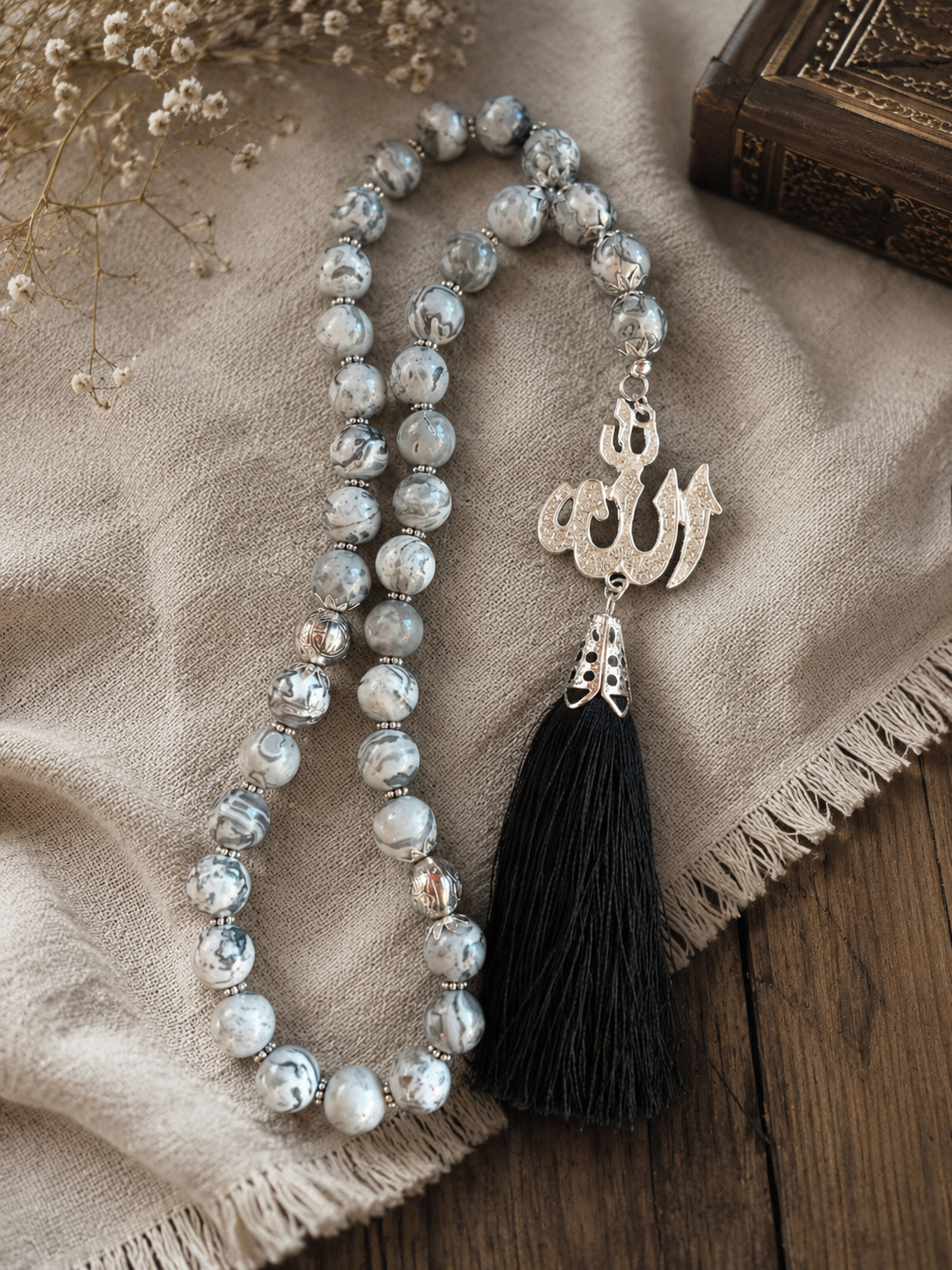 Marble Tasbih with Allah Pendant | Elegant Prayer Beads with Black Tassel